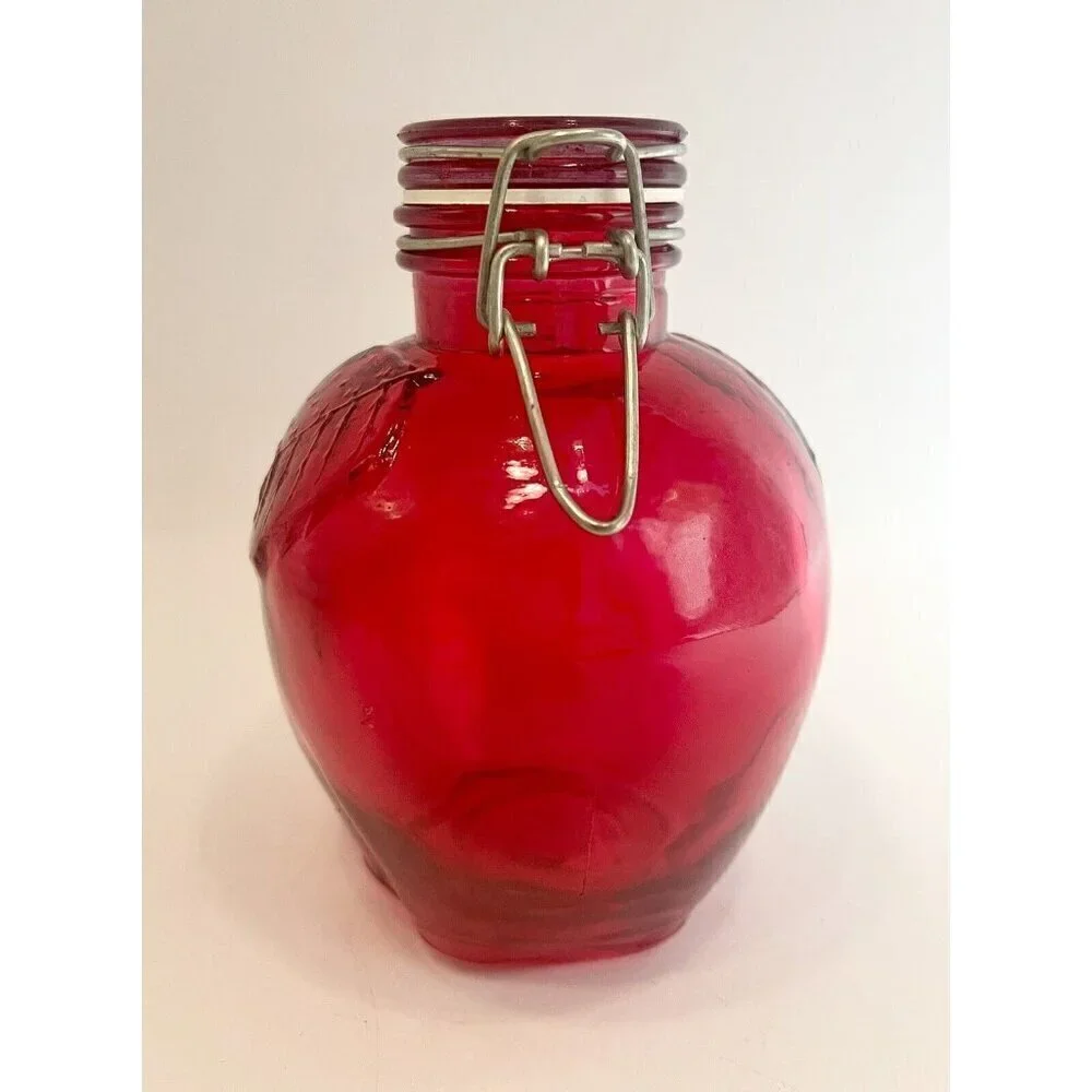 Cherry Red Glass Apple Canister 5.5” Jar with Wire Bail Lid Food Storage Craft